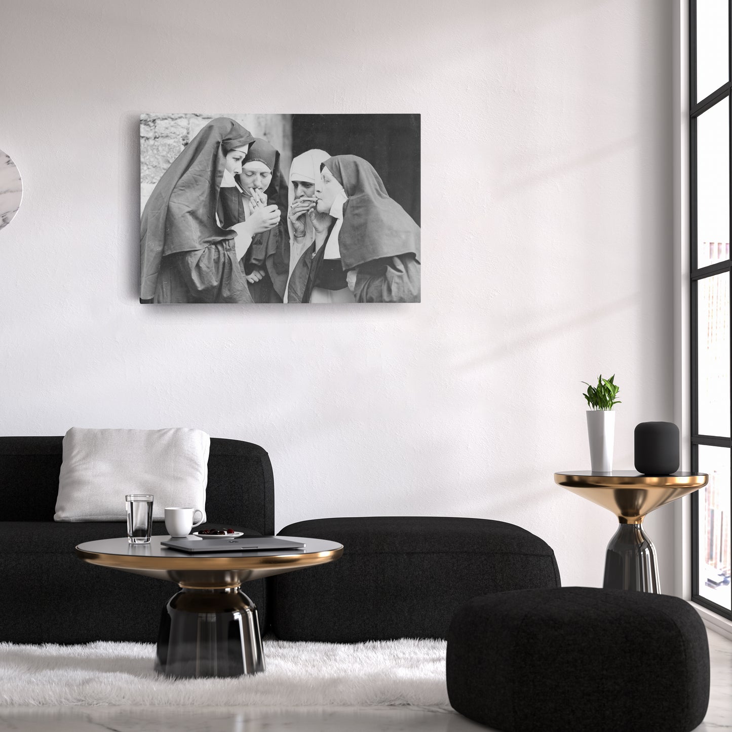 Smoking Nuns Canvas Wall Art - Funny Religious Wall Decor Print