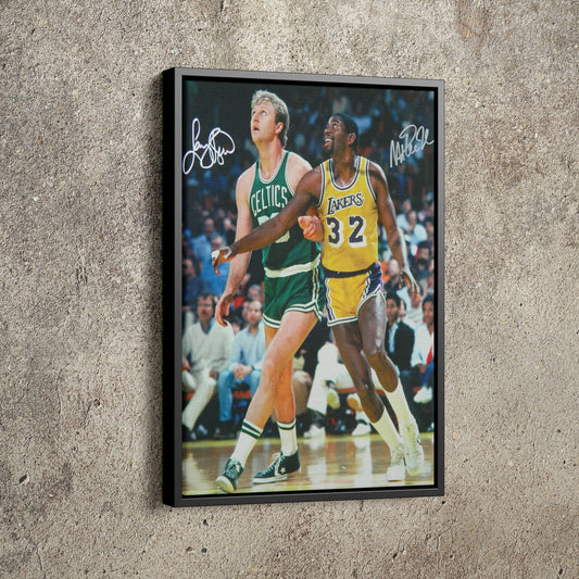 Larry Bird and Magic Johnson Autographed Poster Lakers vs Celtics Basketball Hand Made Posters Canvas Print Wall Art Home Decor