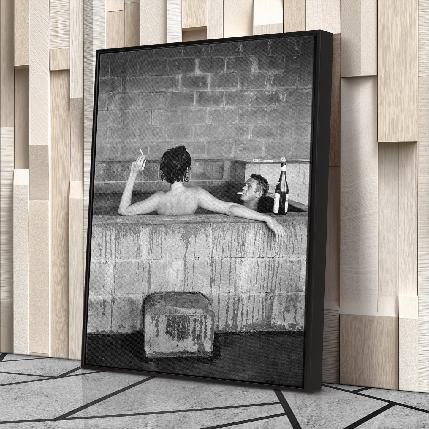 Steve McQueen and Wife Taking Bath Canvas Art - Iconic Vintage Wall Decor