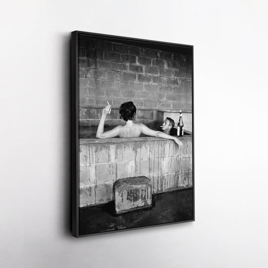Steve McQueen and Wife Taking Bath Canvas Art - Iconic Vintage Wall Decor