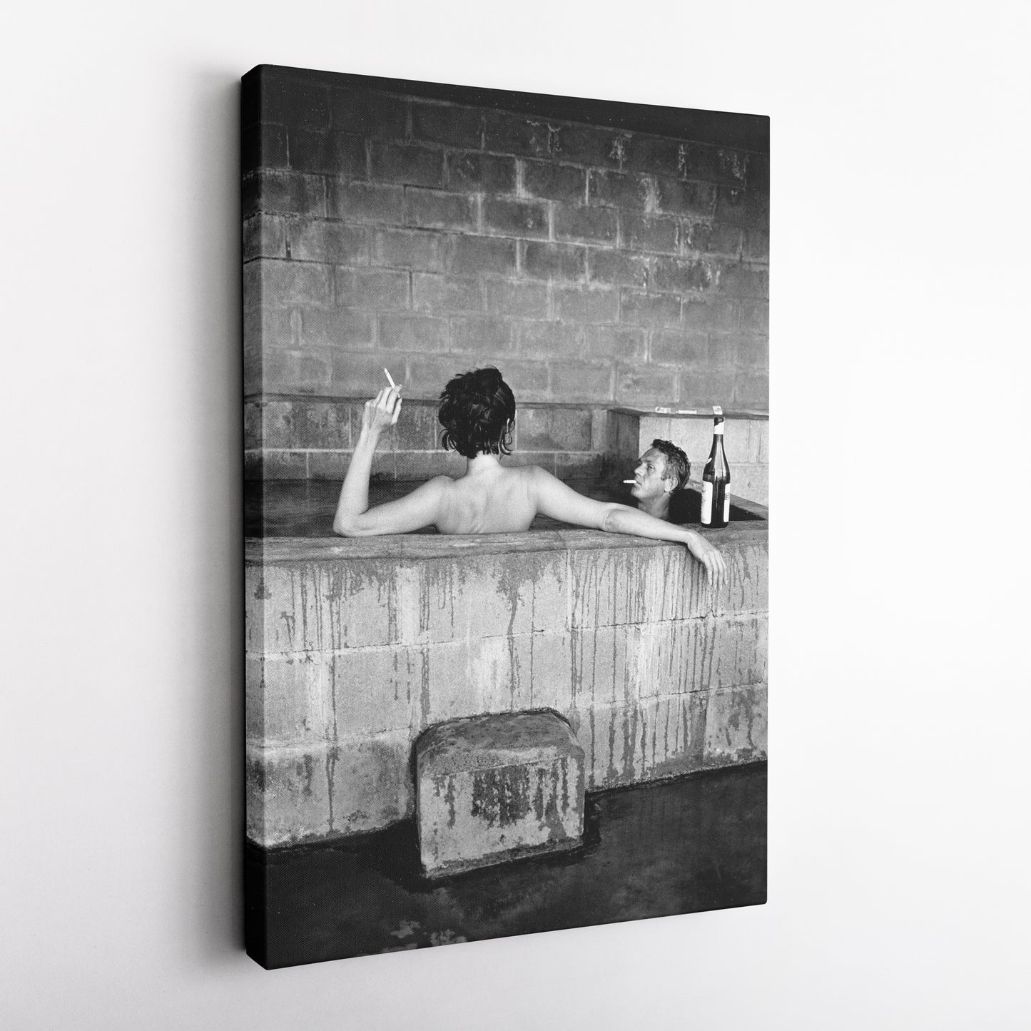 Steve McQueen and Wife Taking Bath Canvas Art - Iconic Vintage Wall Decor