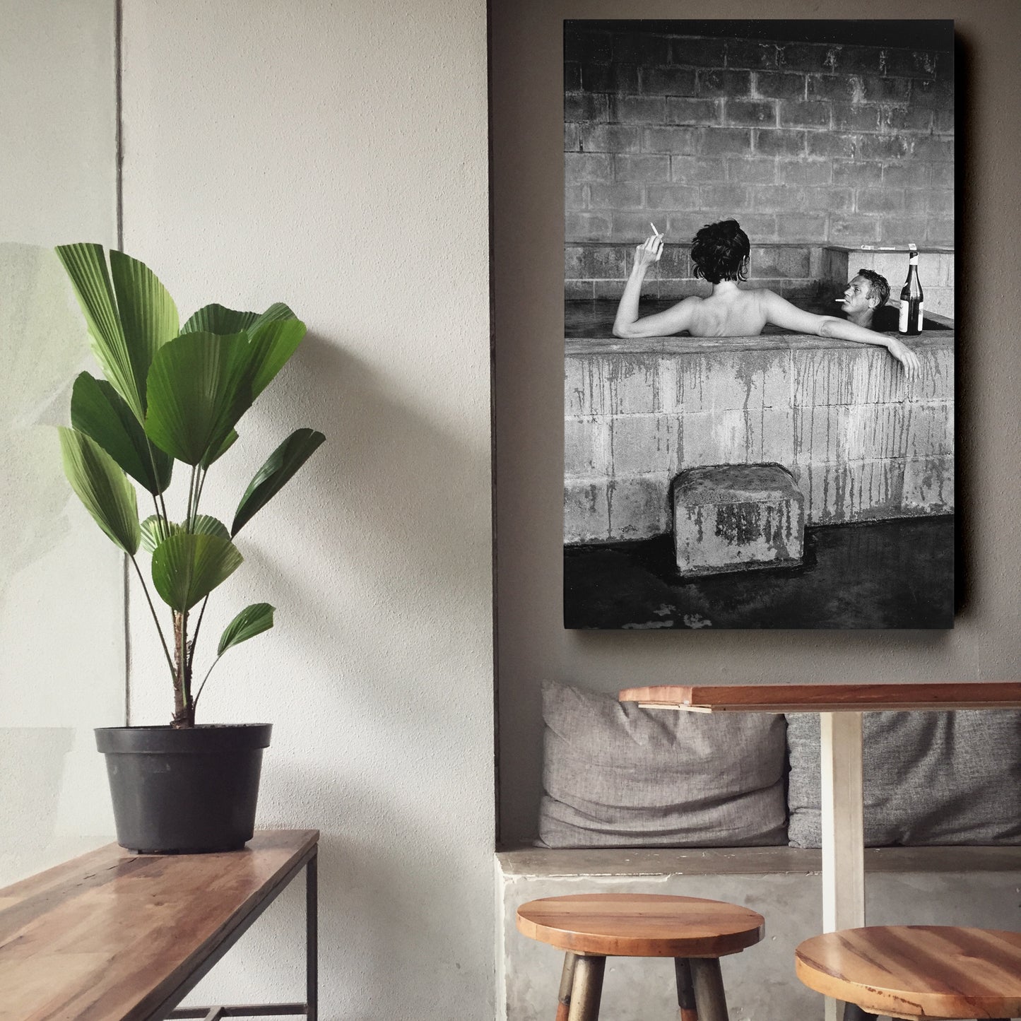 Steve McQueen and Wife Taking Bath Canvas Art - Iconic Vintage Wall Decor