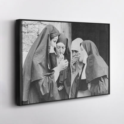 Smoking Nuns Canvas Wall Art - Funny Religious Wall Decor Print