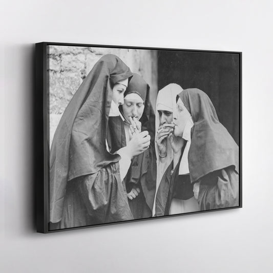 Smoking Nuns Canvas Wall Art - Funny Religious Wall Decor Print