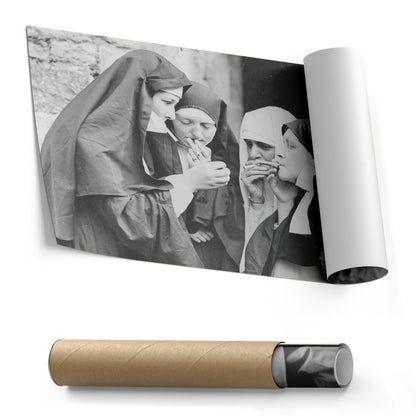 Smoking Nuns Canvas Wall Art - Funny Religious Wall Decor Print